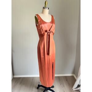 Vintage 90s Y2K Just Choon Peach Copper Satin Dress 7 Maxi Midi Vamp Vixen Shiny